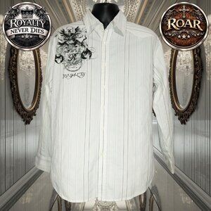 Roar XL White Pinstripe Button-Up Shirt Royalty Never Dies Graphic Long Sleeve